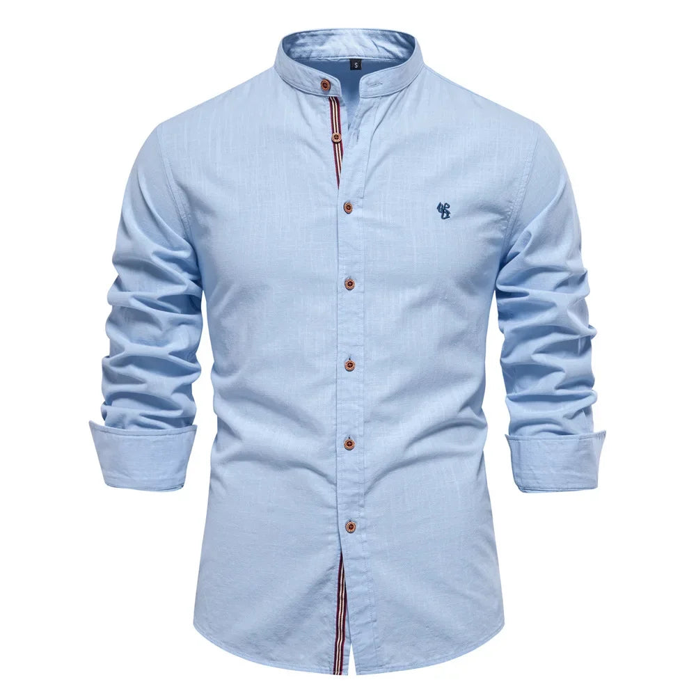 Camisa de lino 100% algodón para hombre, camisas de marca con bordado de color liso, blusas informales de manga larga de alta calidad con botones