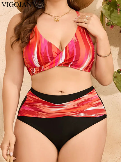 VigoJany 2025 Print Strapped 2 Piece Plus Size Bikini Set Women Cross Push UP Swimsuit High Waist Brazilian Lady Bathing Suit