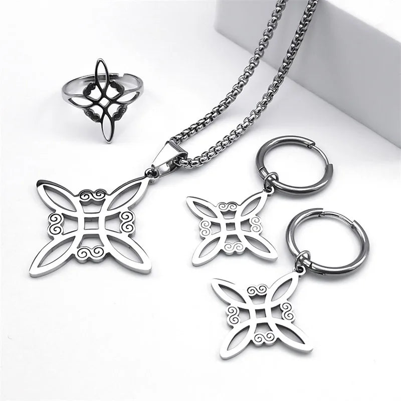 Conjunto de joyas de acero inoxidable, colgante de nudo celta irlandés, collar, pendientes, pulsera, anillo, brujería, bruja