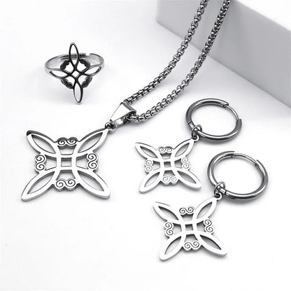 Conjunto de joyas de acero inoxidable, colgante de nudo celta irlandés, collar, pendientes, pulsera, anillo, brujería, bruja