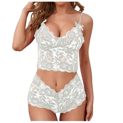 Conjunto de lencería sexy para mujer 2022, pantalones cortos de encaje negro, camiseta sin mangas de color liso, camisola, top de tubo, bragas, conjunto de lencería con estampado floral.