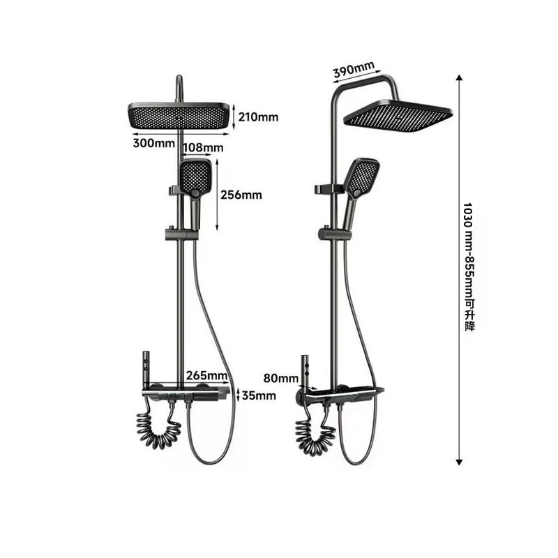 Juego de ducha gris con sistema de ducha inteligente de cuatro funciones con pantalla digital, ducha tipo lluvia a presión, grifería de pared con teclas de piano