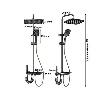 Juego de ducha gris con sistema de ducha inteligente de cuatro funciones con pantalla digital, ducha tipo lluvia a presión, grifería de pared con teclas de piano
