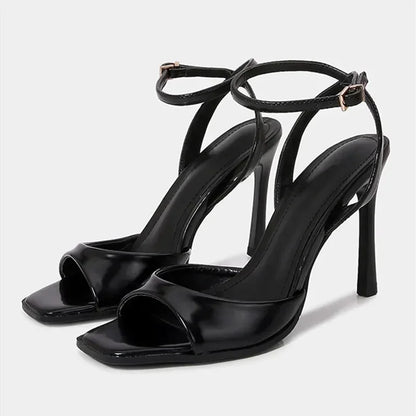 Elegantes zapatos de tacón alto con correa al tobillo para mujer, punta cuadrada, ideales para fiestas, vestir o para la oficina. Sandalias de diseño sexy y caladas, de marca.