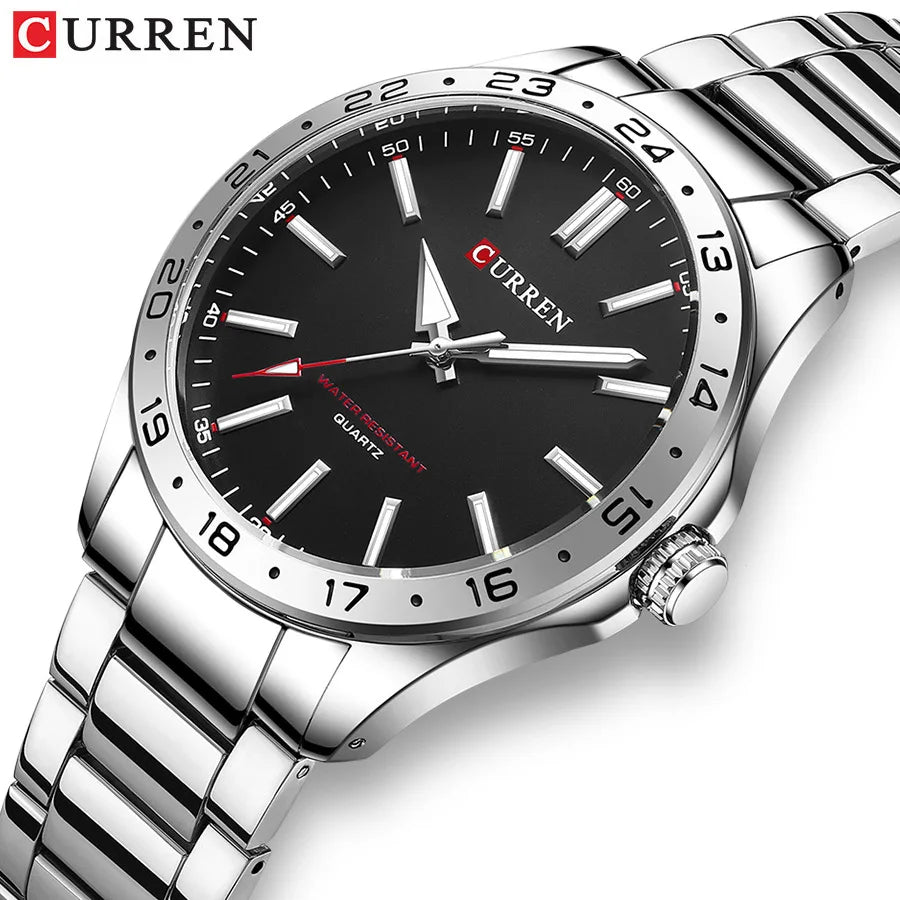 CURREN 8452 Reloj de cuarzo para hombre, sencillo, moderno, para ocio y negocios, con correa de acero inoxidable negra y plateada.