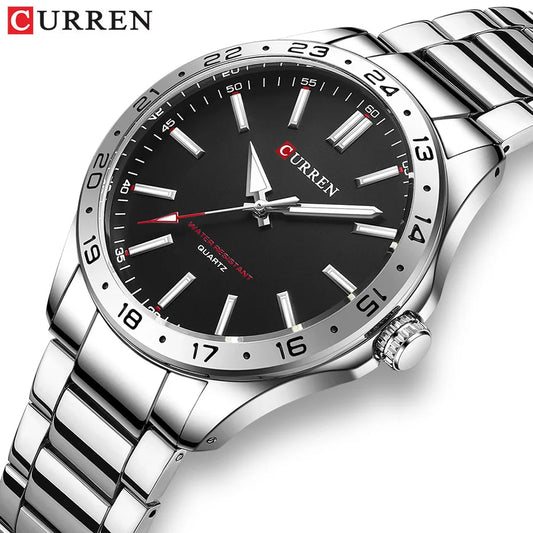 CURREN 8452 Reloj de cuarzo para hombre, sencillo, moderno, para ocio y negocios, con correa de acero inoxidable negra y plateada.