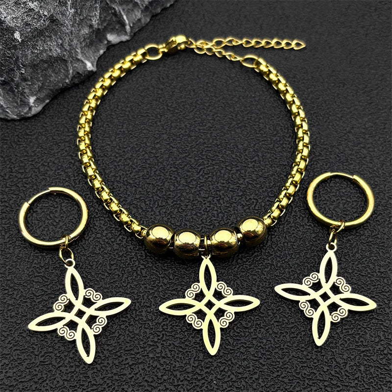 Conjunto de joyas de acero inoxidable, colgante de nudo celta irlandés, collar, pendientes, pulsera, anillo, brujería, bruja