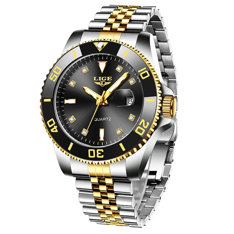 Reloj de lujo LIGE para hombre, reloj de cuarzo con esfera engastada de diamantes, resistente al agua, calendario, mariposa, doble cierre, acero inoxidable.