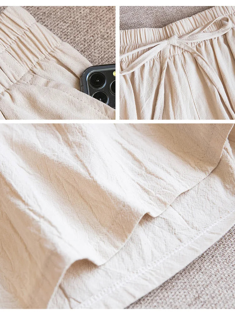 Pantalones cortos de algodón para mujer, informales, de verano, con dos bolsillos, de cintura alta, holgados, suaves y frescos.