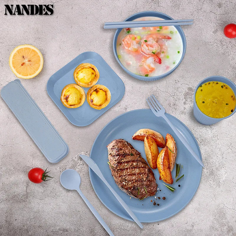 Juego de 36 platos de paja de trigo ecológicos para ramen, vajilla para cena, juego de vajilla para acampar con cuchillo, tenedor y cuchara.