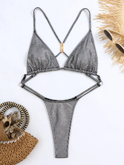 Bikini brasileño triangular plateado brillante con efecto push up para mujer, traje de baño sexy con tangas y cuello halter con cordones.