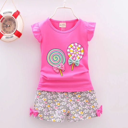 Conjuntos de ropa para niñas pequeñas, camisetas y pantalones cortos, conjuntos de ropa de verano con estampado de piruletas.