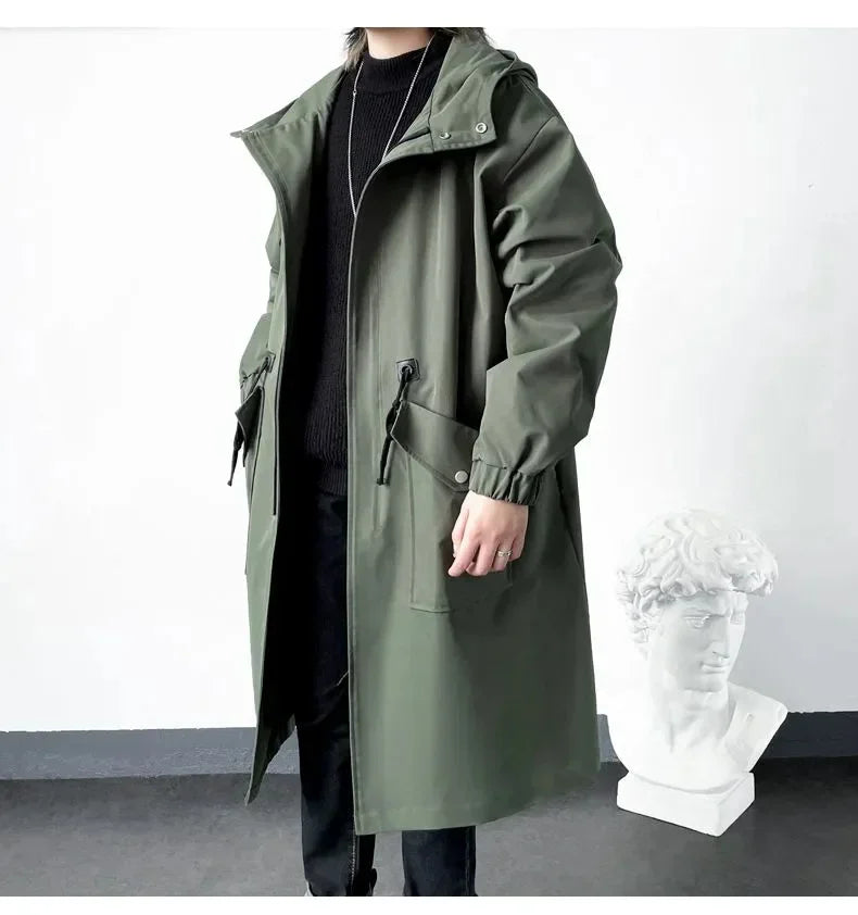 2025 Spring Autumn  Green Windbreaker Fashion Men Mid-length Casual Hooded Coat Men Daily High Street Overcoat Male Clothes