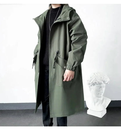 2025 Spring Autumn  Green Windbreaker Fashion Men Mid-length Casual Hooded Coat Men Daily High Street Overcoat Male Clothes