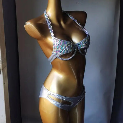 Sparkling Rhinestones Swimsuit for Women Padded Bathing Suit Halterneck Swimsuit