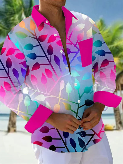 Camisa de lino para hombre, con estampado floral, solapa, estilo urbano, manga larga, moda urbana de diseñador.