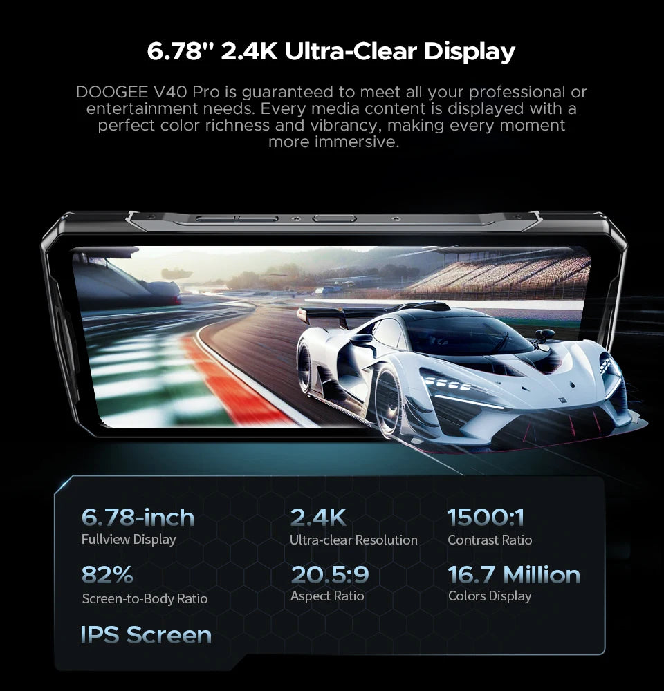 Teléfono robusto DOOGEE V40 Pro 5G versión global, pantalla de 6,78", 16 GB + 512 GB, dimensiones 7300, cámara con IA de 200 MP, 8680 mAh, cargador rápido de 33 W.