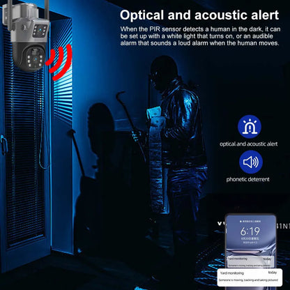 Cámara solar WiFi 4K de 8MP para exteriores, cámara de vigilancia CCTV inalámbrica con panel solar, doble lente, cámara IP PTZ y protección de seguridad.