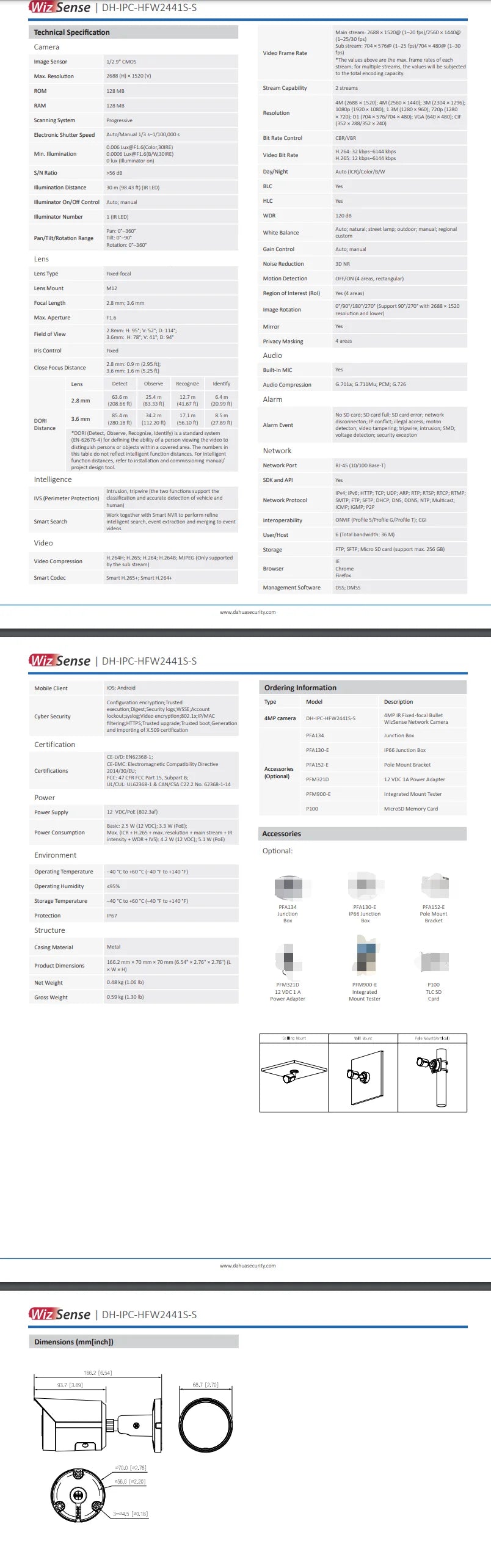 Cámara IP tipo bala Dahua de 8 MP, 4K, IPC-HFW2841S-S, 4 MP, IPC-HFW2441S-S. PoE, IR, micrófono integrado, ranura para tarjeta SD. Sistema de videovigilancia WizSense.