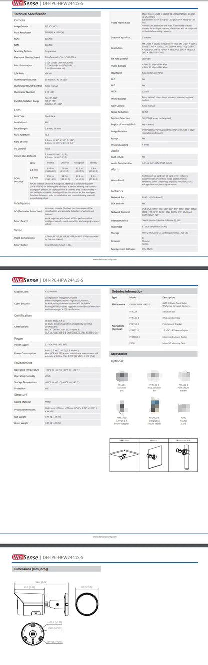 Cámara IP tipo bala Dahua de 8 MP, 4K, IPC-HFW2841S-S, 4 MP, IPC-HFW2441S-S. PoE, IR, micrófono integrado, ranura para tarjeta SD. Sistema de videovigilancia WizSense.