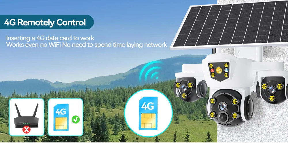 Cámara solar inalámbrica WiFi DIFANG V380 Pro para exteriores con tres pantallas, tarjeta SIM 4G y batería. Sistema de videovigilancia solar con tres lentes y batería.