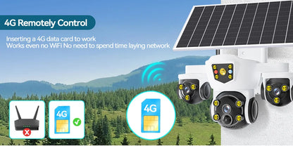 Cámara solar inalámbrica WiFi DIFANG V380 Pro para exteriores con tres pantallas, tarjeta SIM 4G y batería. Sistema de videovigilancia solar con tres lentes y batería.