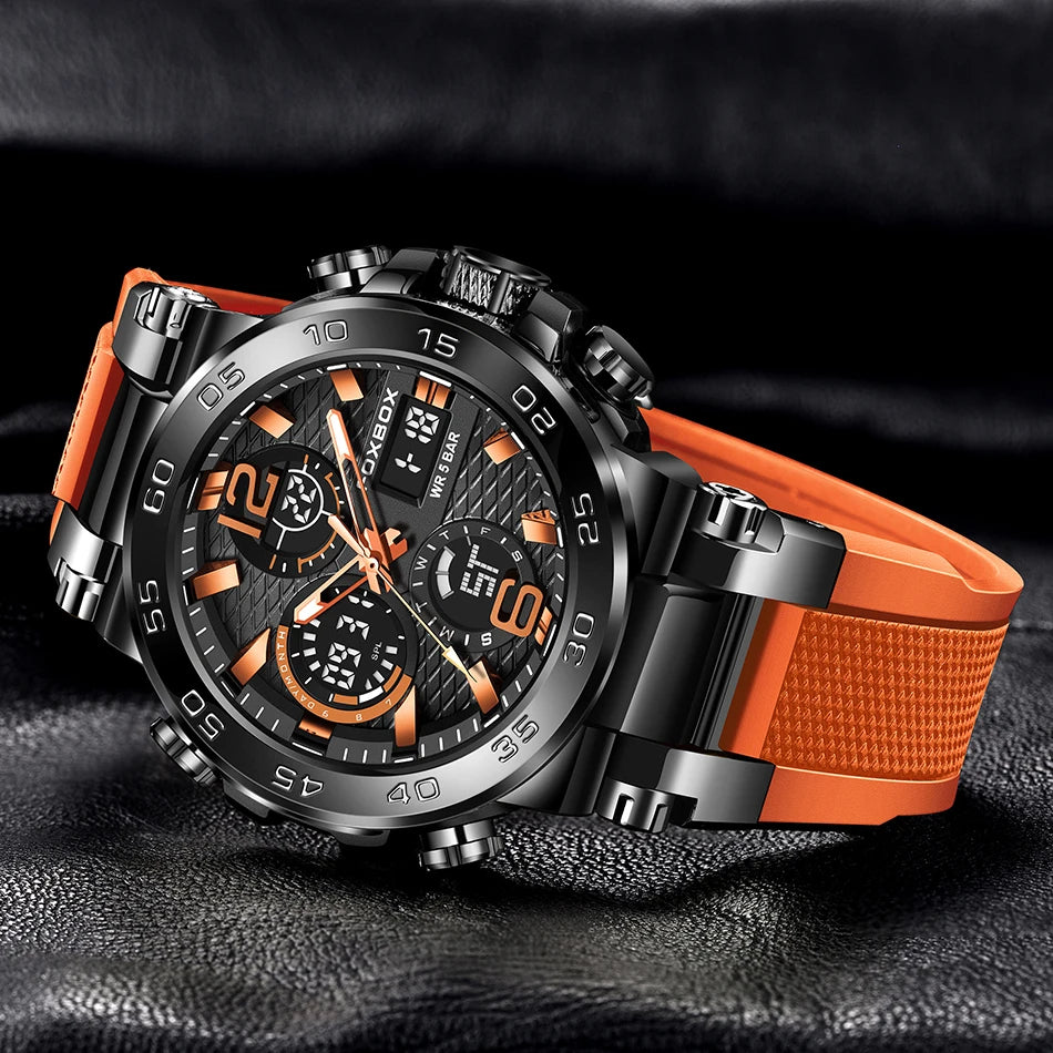 FOXBOX - Nuevo reloj deportivo para exteriores para hombre, reloj analógico digital de moda para negocios, reloj de pulsera de cuarzo con alarma resistente al agua y de silicona.