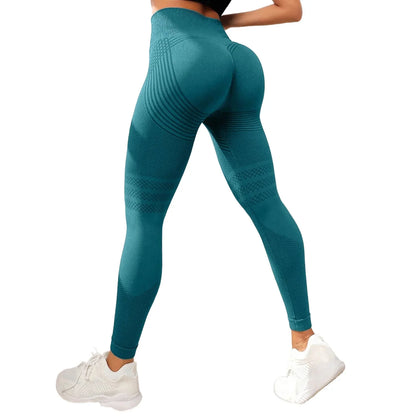 Pantalones de yoga de punto de cintura alta para mujer, pantalones largos de fitness, tejido integrado, banda elástica, pantalones deportivos, populares, efecto melocotón en los glúteos.