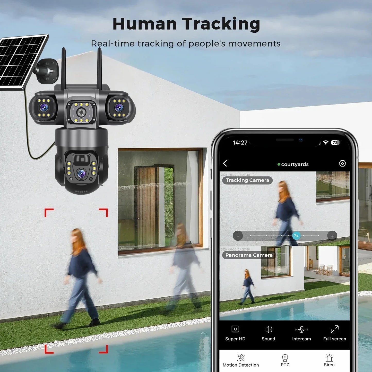 Cámara solar WiFi V380 Pro de 15 MP con 3 lentes, 3 pantallas, zoom 10x, detección de movimiento, resistente al agua, visión nocturna y protección CCTV.