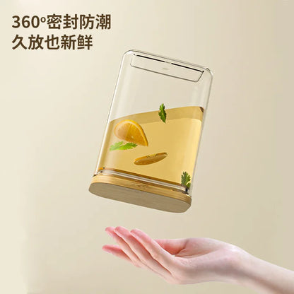 Tarro de plástico cuadrado sellado de 1100 ml para alimentos, con tapa de bambú, para cereales de cocina, transparente, para té y utensilios de cocina.