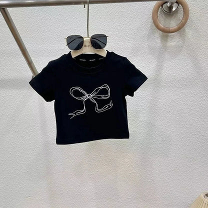 Conjuntos de ropa para niñas, traje con lazo, camiseta de manga corta y vaqueros, 2 piezas, atuendo de verano de 3 a 10 años