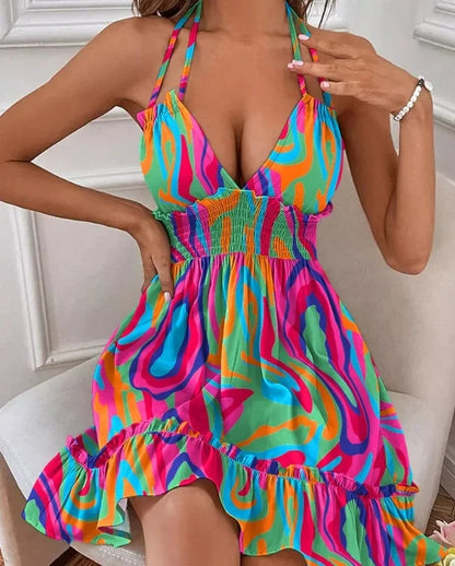 Vestido sexy de tirantes con escote en V profundo para mujer, espalda abierta y pliegues paralelos, popular entre Europa y América.