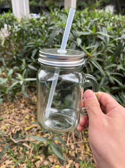 Jarra de vidrio de 480 ml, 500 ml y 16 oz con tapa de hierro y pajita de plástico, cuadrada, con degradado de color.