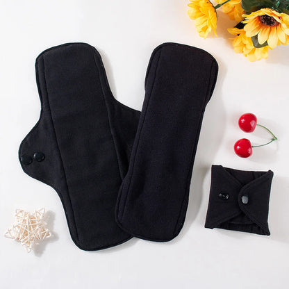 Juego de 3 compresas menstruales reutilizables de algodón puro, negras, impermeables, para flujo abundante y grandes.