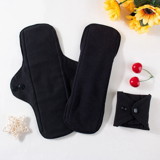 Juego de 3 compresas menstruales reutilizables de algodón puro, negras, impermeables, para flujo abundante y grandes.