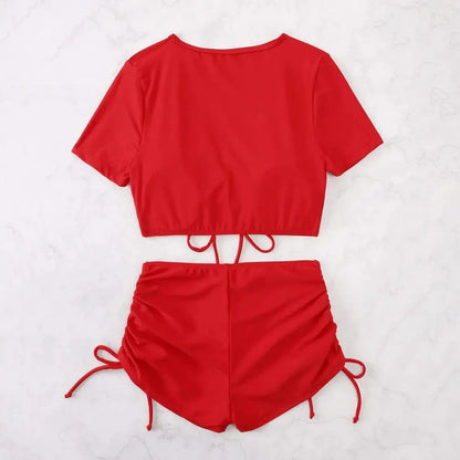 2Pcs/Set Swimsuit for Women Bikini Set V-Neck Short Sleeve Tops High Waist Drawstring Swimming Trunks Quick Drying Swimsuit