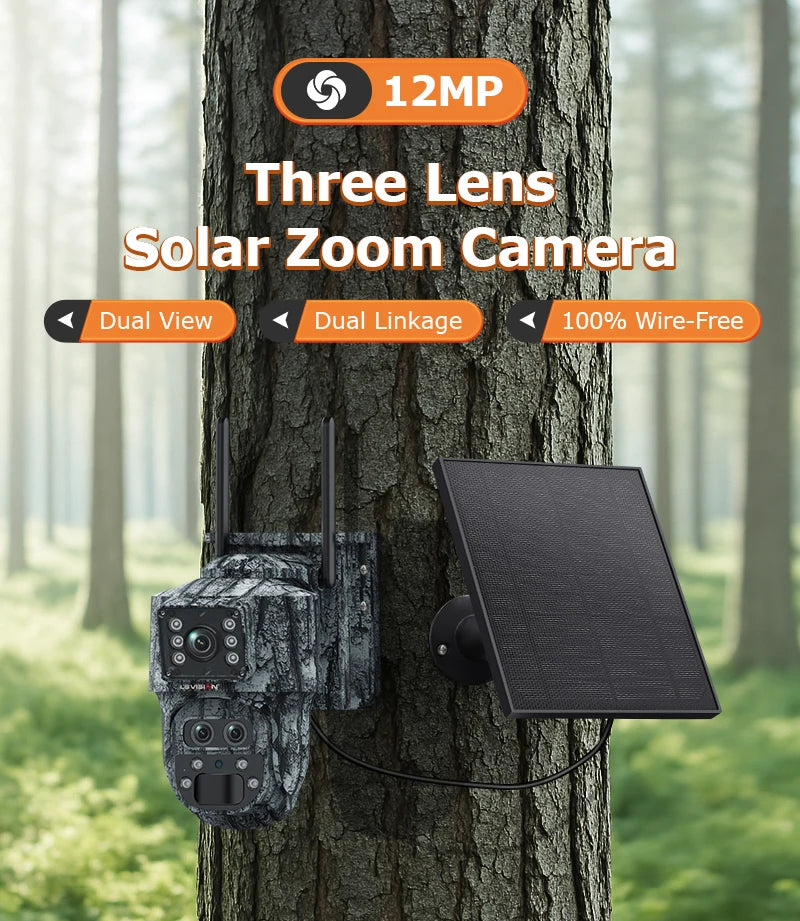 Cámara solar LS VISION 6K con zoom 15X, 4G, para caza y bosque, con sensor PIR de 12 MP, tres lentes, wifi, visión nocturna y protección IP66.