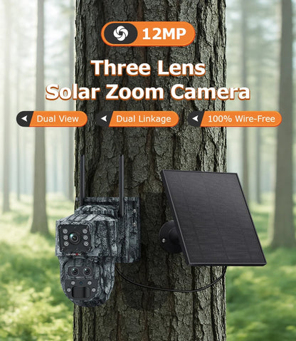 Cámara de seguridad solar inalámbrica LS VISION de 12 MP, 4G, zoom 15x, para exteriores, con doble pantalla, WiFi, detección humana PIR y sistema CCTV UBox.