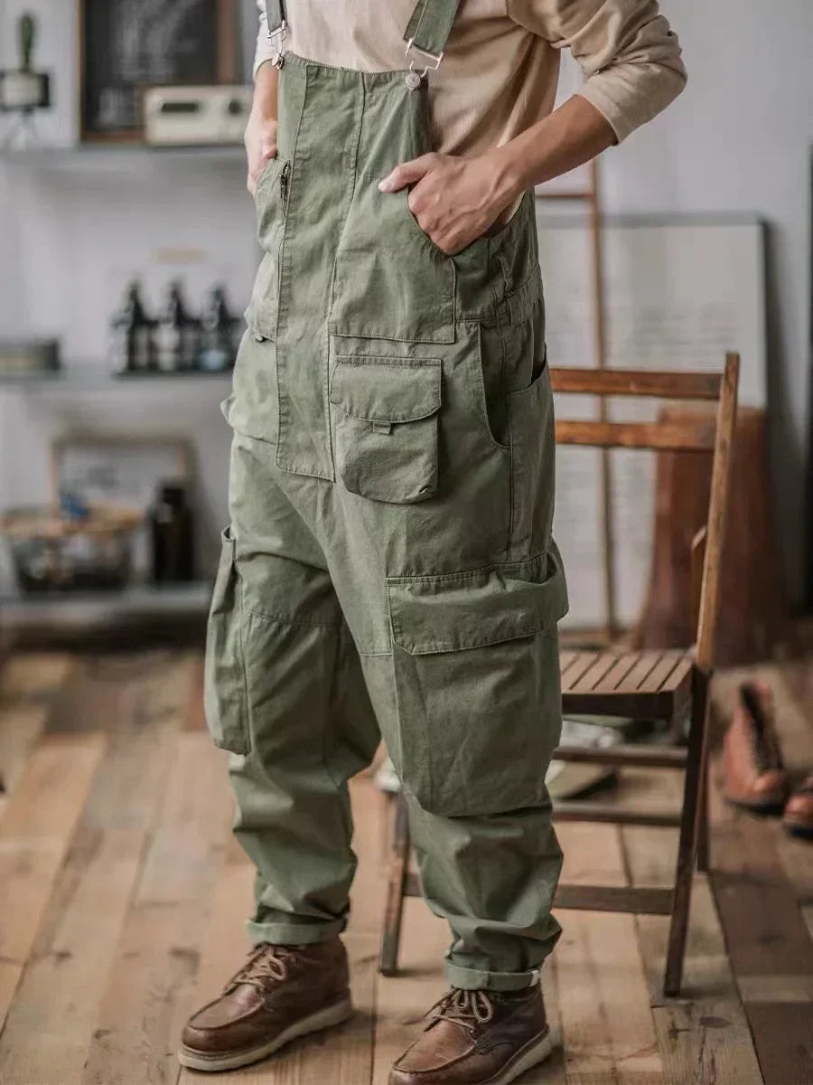 Retro American Cotton Overalls Bibs Loose Washing Jumpsuit Men's Suspenders Four Seasons Full Length Baggy Pants