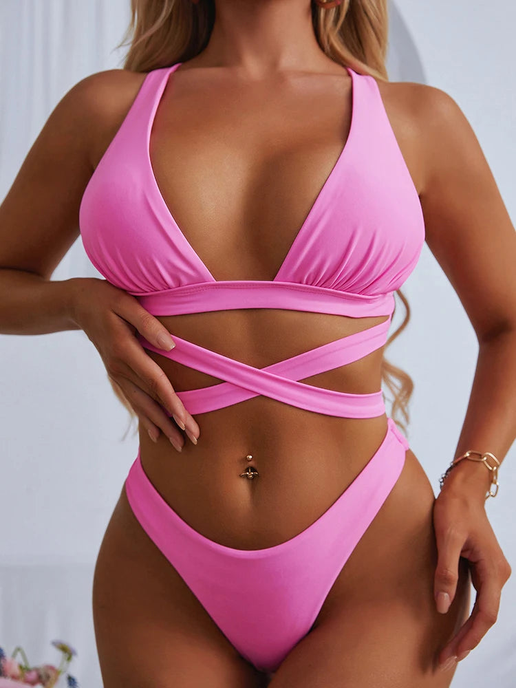 Bikini sexy 2025, traje de baño liso para mujer, traje de baño para mujer, conjunto de bikini push up con vendaje cruzado, traje de baño para playa, traje de baño