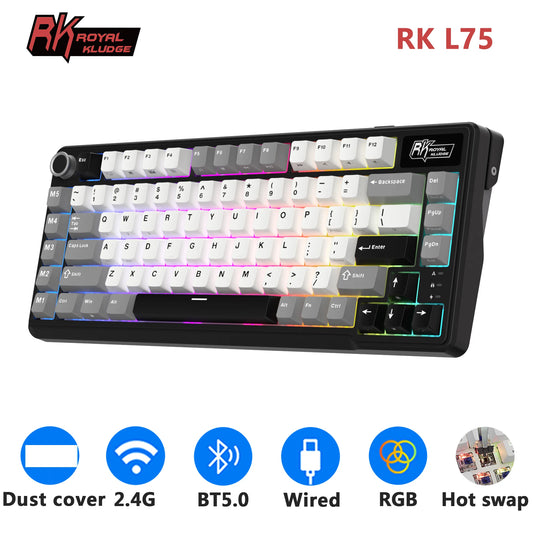 RK ROYAL KLUDGE L75 Teclado mecánico personalizable con cinco teclas de acceso directo, estructura de junta, retroiluminación RGB de tres modos, teclado para gamers