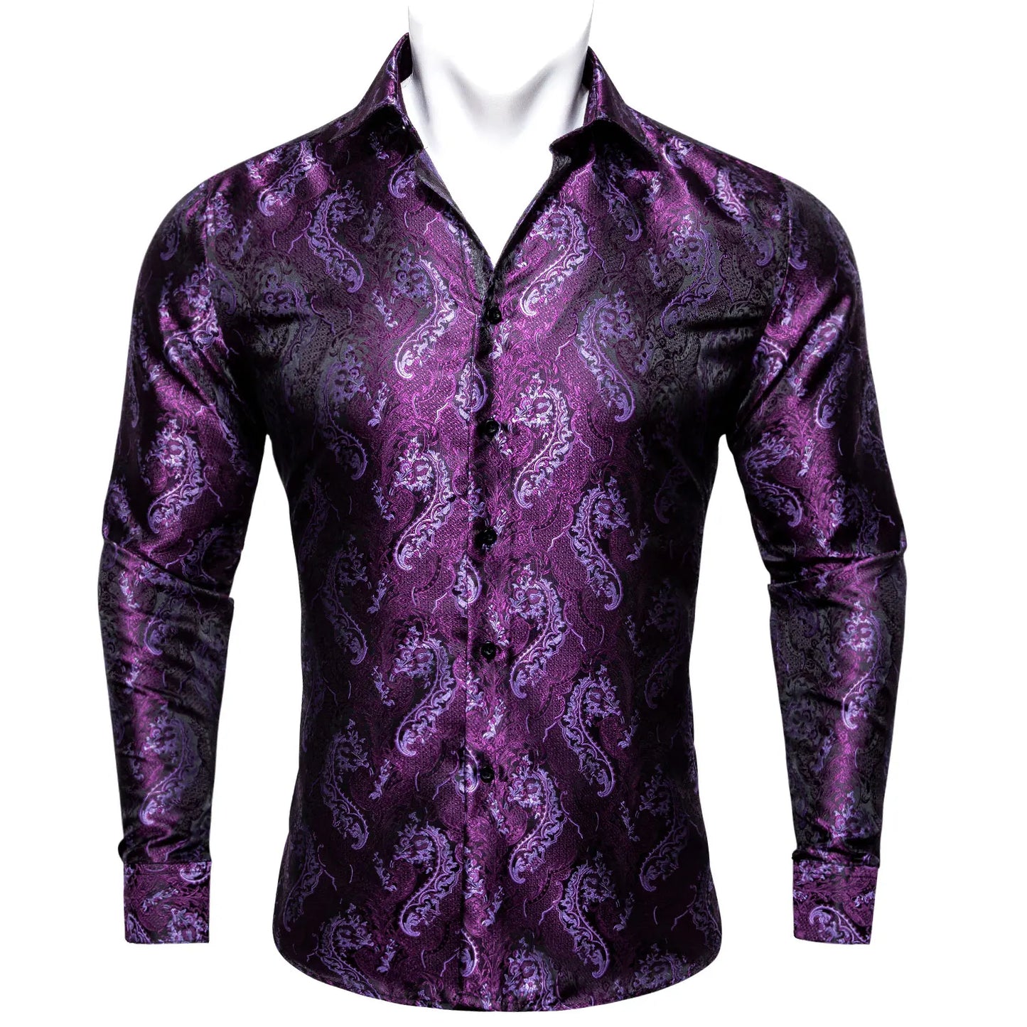 Camisas clásicas negras estampadas y bordadas para hombre, solapa de seda, manga larga, corte formal exquisito, ideales para eventos de negocios y fiestas. Barry.Wang CY-0407