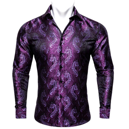 Camisas clásicas negras estampadas y bordadas para hombre, solapa de seda, manga larga, corte formal exquisito, ideales para eventos de negocios y fiestas. Barry.Wang CY-0407