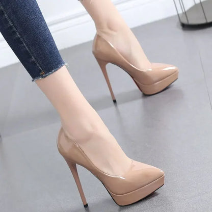 Tacones altos impermeables para mujer, sexys, color nude, plataforma fina de 12 cm, elegantes, versátiles, de punta puntiaguda, para mujer, boca baja S