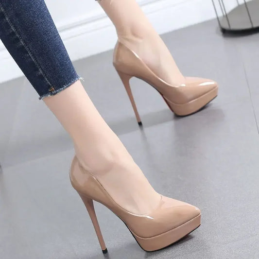 Tacones altos impermeables para mujer, sexys, color nude, plataforma fina de 12 cm, elegantes, versátiles, de punta puntiaguda, para mujer, boca baja S