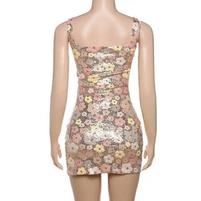 Vestido de fiesta sexy para mujer, estilo discoteca, con lentejuelas florales, tipo pueblo, tirantes finos, mini, primavera/verano 2025, vestido ajustado y entallado.