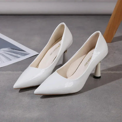 Zapatos Mujer 2024 Tendencia Nuevo Verano Tacones Rojos Elegante Mujer Tacón Negro Punta Puntiaguda Zapatos de Vestir Cuero Blanco Zapatos de Dama