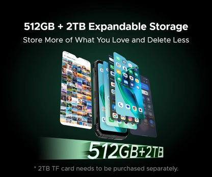 Teléfono resistente DOOGEE S Cyber ​​Pro, 12 GB de RAM, 512 GB de almacenamiento, procesador Helio G100, pantalla IPS FHD+ de 6,6" y 120 Hz, batería de gran capacidad de 10800 mAh, carga de 33 W y NFC.