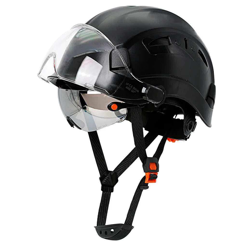 Casco de seguridad con patrón de fibra de carbono y gafas de doble visera para ingenieros, casco de seguridad CE ANSI ABS, gorra de trabajo industrial, rescate