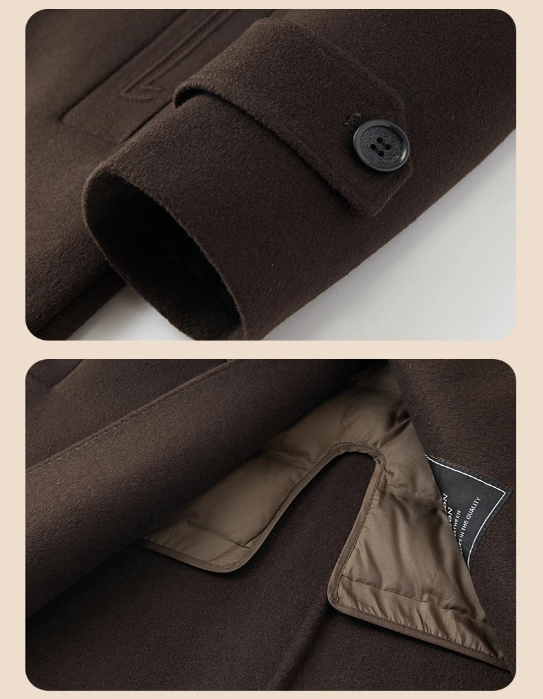 Abrigo de lana de doble faz para hombre, suave y cálido, ideal como prenda esencial. Incluye chaleco de plumas y forro. Color negro café. Estilo clásico.